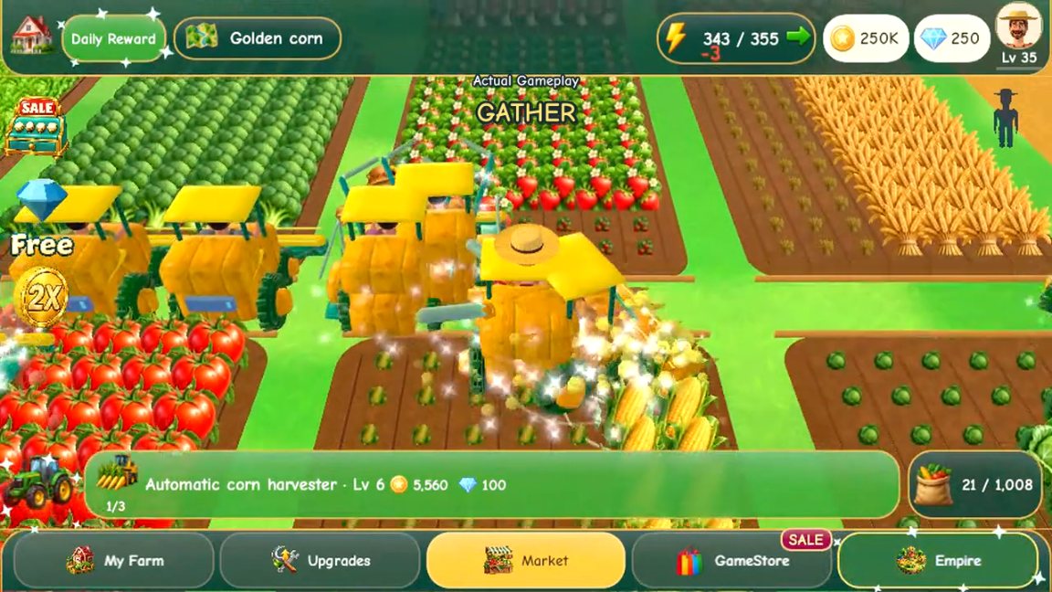 The Farmers Market: harvesting corn with an automatic harvester across planted fields