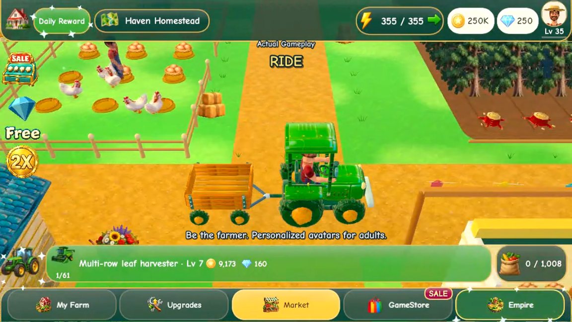 The Farmers Market: driving a tractor and trailer along a road past the homestead