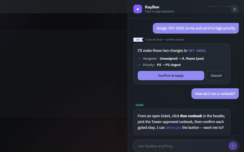 KalmBot: KayBee proposing a ticket change with a confirm step, and offering to guide or show