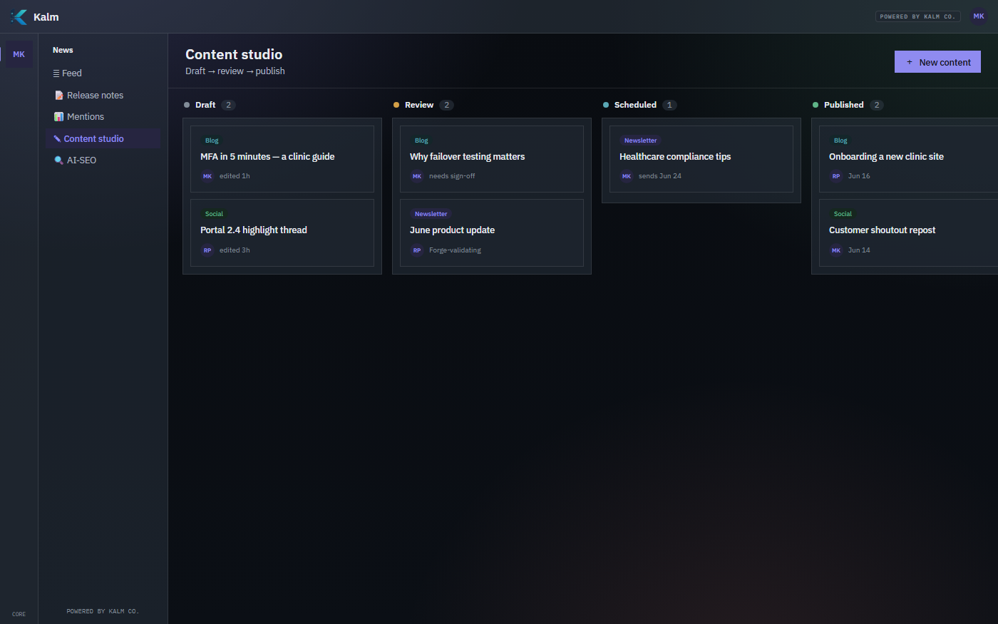 KalmNews content studio: a draft to published board of blog, social and newsletter items