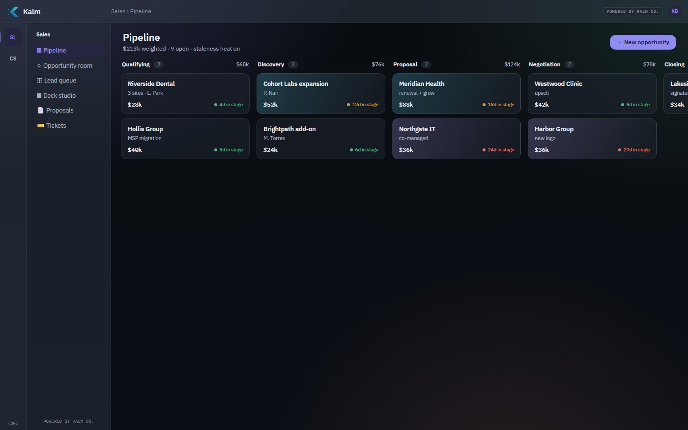 KalmGrow pipeline board with deals by stage and staleness heat