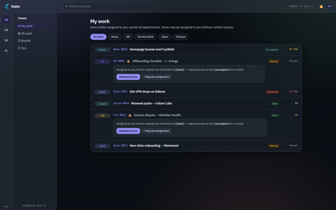 KalmTickets: work across every department on one board, with the actions that move it on the row